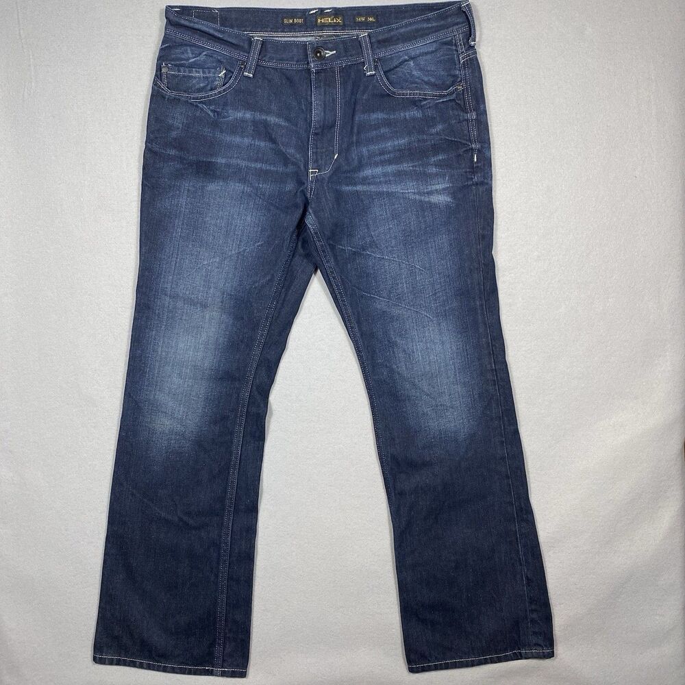 Helix Mens Slim Boot Cut Jeans 34x30 Dark Wash Blue 100% Cotton Denim